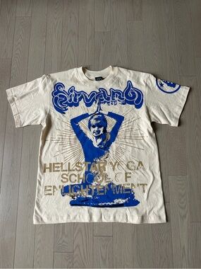 🔥HELLSTAR Graphic Crewneck T-Shirt in Cream with Blue Print Size Medium